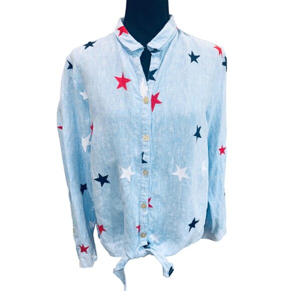 John Mark Sky Blue Embroidered Star Linen Patriotic USA Button Up Top Money - Picture 1 of 9